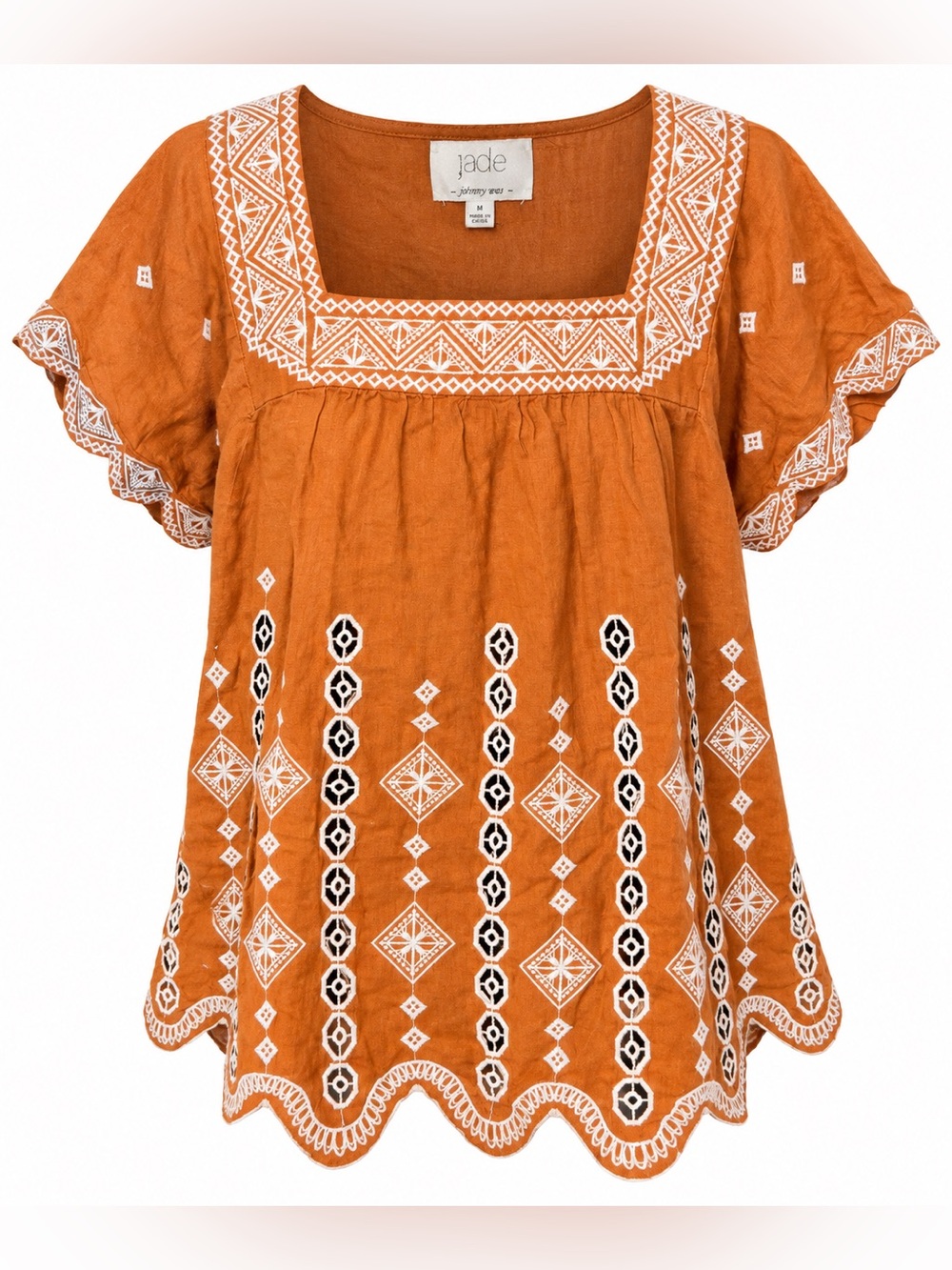 Jade Johnny Was Linen Tunic M Rust Embroidered Boho Folk Art Coastal Top